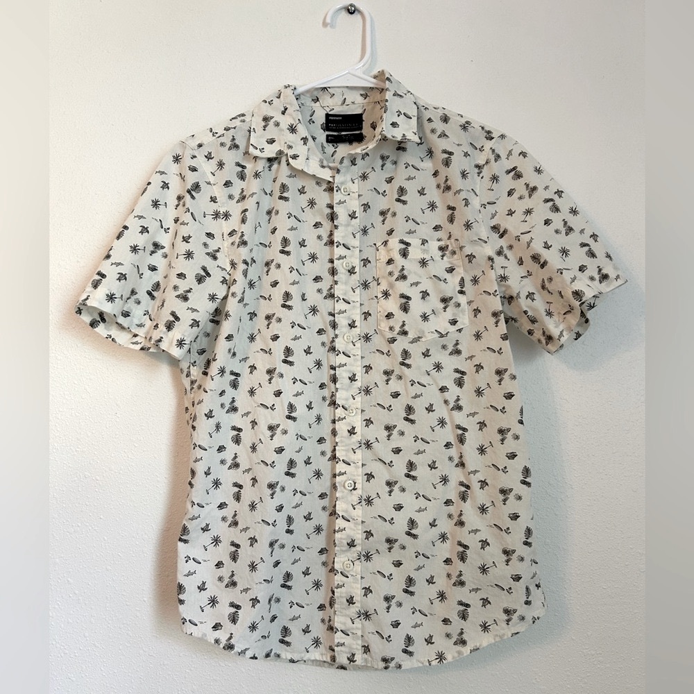 Public Opinion Men’s Tropical Button Down Shirt 100% Cotton Ivory Black Sz Small